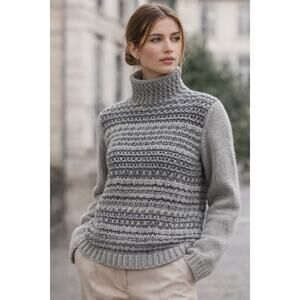 Loro Piana Designer Cashmere Chunky Knit Turtleneck Sweater Silk 10 Grey 46